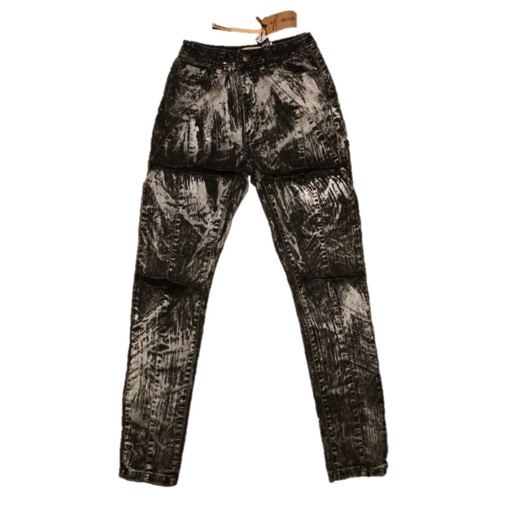 NWT Red Fox Women's 5 Black Silver Metallic Distressed High Waist Skinny Jeans